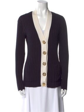 Tory Burch Black Ribbed V-Neck Cardigan with Cream Trim